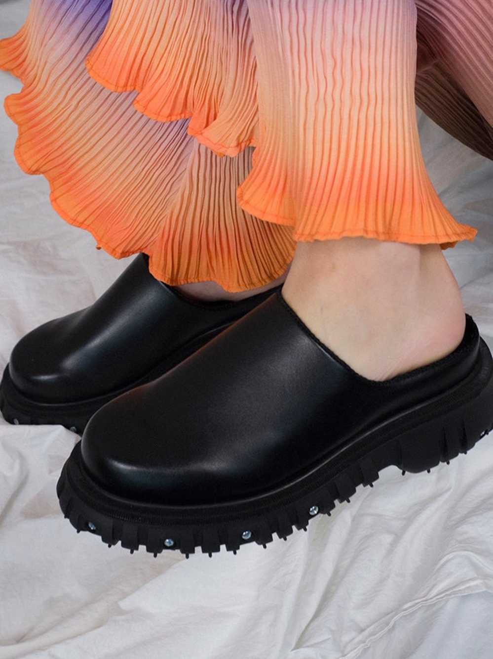 Phileo Black vegan leather and Thick Rubber Sole Mules